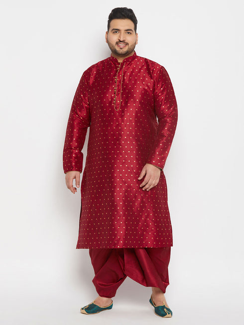 Vastramay Men's Plus Size Maroon Zari Weaved Kurta Dhoti Set